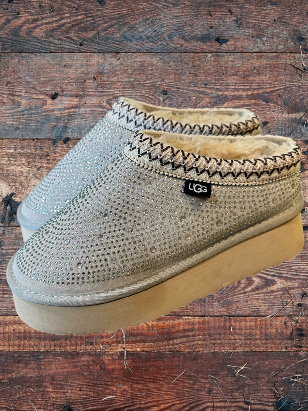 UGG RARE Vintage Tasman Platform Rhinestone Suede Mules Clogs Slippers Sand Grey - Picture 6 of 16